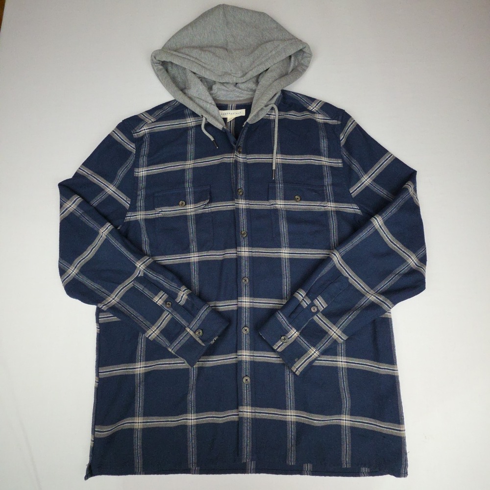 Aeropostale Hooded Flannel Shirt Mens L Navy Blue Plaid Long Sleeve Cotton